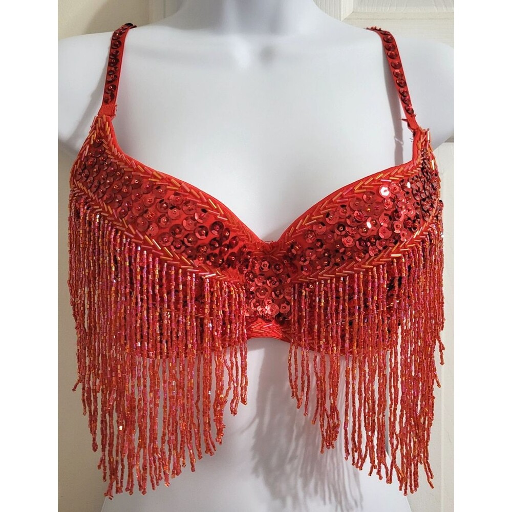 Red Sequin Beaded Fringe Belly Dance Bra Top Tassel Costume Party Size L/XL